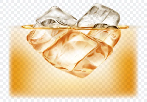 几块半透明的大冰块漂浮在水里或威士忌里 在透明的背景下被隔离 矢量图用黄色表示 只有矢量格式的透明度 — 图库矢量图片