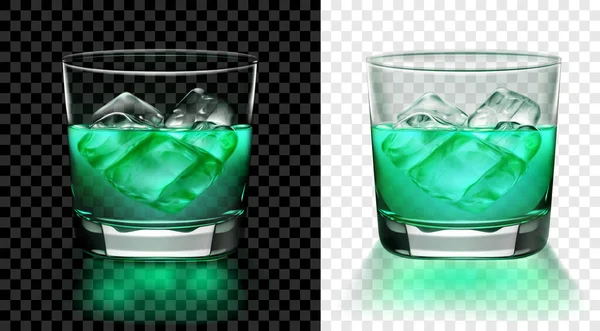 氷のキューブと緑のカクテルの半透明のガラス 暗い背景と明るい背景のための2つのオプション ベクトル形式でのみ透明 — ストックベクタ
