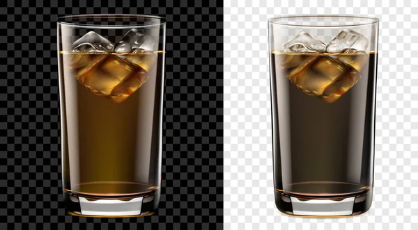 氷のキューブと茶色のカクテルの半透明の背の高いガラス 暗い背景と明るい背景のための2つのオプション ベクトル形式でのみ透明 — ストックベクタ