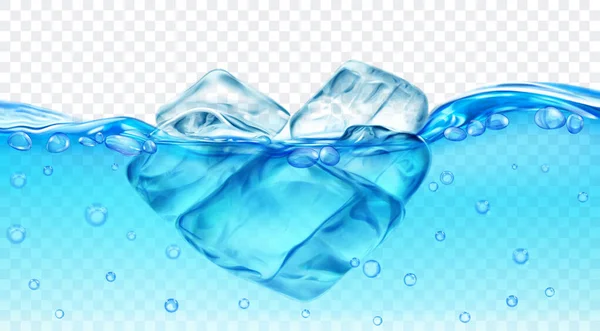 Doorschijnende Lichtblauwe Ijsblokjes Drijvend Water Met Luchtbellen Geïsoleerd Transparante Achtergrond — Stockvector