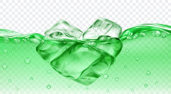 Genomskinliga Gröna Isbitar Flyter Vatten Med Luftbubblor Isolerade Transparent Bakgrund — Stock vektor