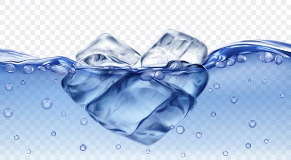 Прозрачные Голубые Кубики Льда Плавающие Воде Пузырьками Воздуха Изолированные Прозрачном — стоковый вектор