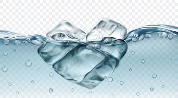 Transluzente Graue Eiswürfel Die Wasser Mit Luftblasen Schwimmen Isoliert Auf — Stockvektor