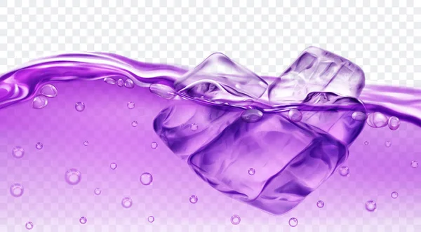 透明な背景に隔離された空気の泡と水に浮かぶ半透明の紫色の氷のキューブ ベクトル形式でのみ透明 — ストックベクタ