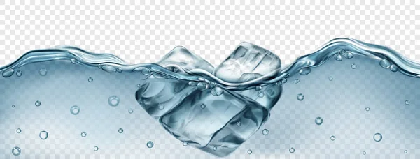Doorschijnende Grijze Ijsblokjes Drijvend Water Met Luchtbellen Geïsoleerd Transparante Achtergrond — Stockvector
