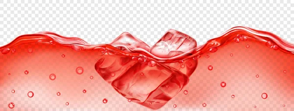 Genomskinliga Röda Isbitar Flyter Vatten Med Luftbubblor Isolerade Transparent Bakgrund — Stock vektor