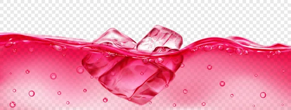 Genomskinliga Röda Isbitar Flyter Vatten Med Luftbubblor Isolerade Transparent Bakgrund — Stock vektor