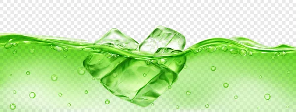 Cubos Gelo Verde Translúcidos Flutuando Água Com Bolhas Isolados Fundo — Vetor de Stock