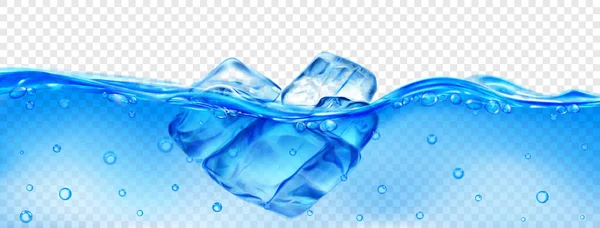 Прозрачные Голубые Кубики Льда Плавающие Воде Пузырьками Воздуха Изолированные Прозрачном — стоковый вектор