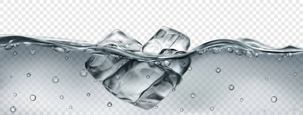 Полупрозрачные Кубики Серого Льда Плавающие Воде Пузырьками Воздуха Изолированные Прозрачном — стоковый вектор