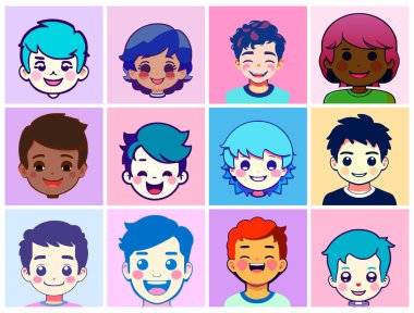 Yüzlerinde tebessüm olan sevimli çocuk kafaları şeklinde çizgi film karakterleri. Farklı ırktan, farklı saç ve ten renkleri olan insanlar. Basit düz tasarım.