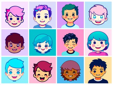 Yüzlerinde tebessüm olan sevimli çocuk kafaları şeklinde çizgi film karakterleri. Farklı ırktan, farklı saç ve ten renkleri olan insanlar. Basit düz tasarım.
