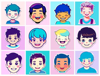 Çizgi film stili çıkartmalar. Yüzlerinde gülücükler olan şirin çocuk kafaları şeklinde. Farklı ırktan, farklı saç ve ten renkleri olan insanlar. Basit düz tasarım.