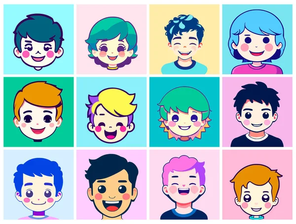 Set Cartoon Style Avatars Shape Cute Boys Heads Smiles Faces — Stock Vector