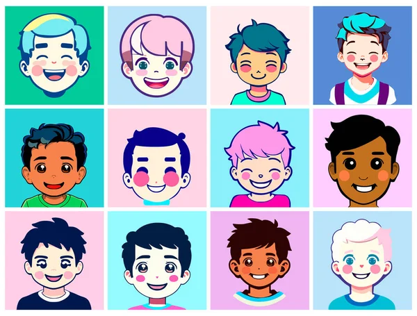 一组卡通片风格的化身 形似可爱的男孩的头 脸上挂着笑容 不同种族的人有着不同的头发和肤色 简单的平面设计 — 图库矢量图片