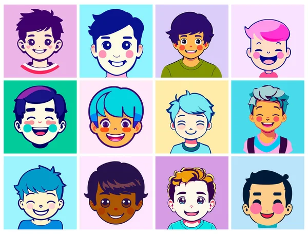 かわいい男の子の頭の形をした漫画スタイルのアバターのセットは 彼らの顔に笑顔で頭 様々な髪と肌の色を持つ異なる人種の人々 シンプルなフラットデザイン — ストックベクタ