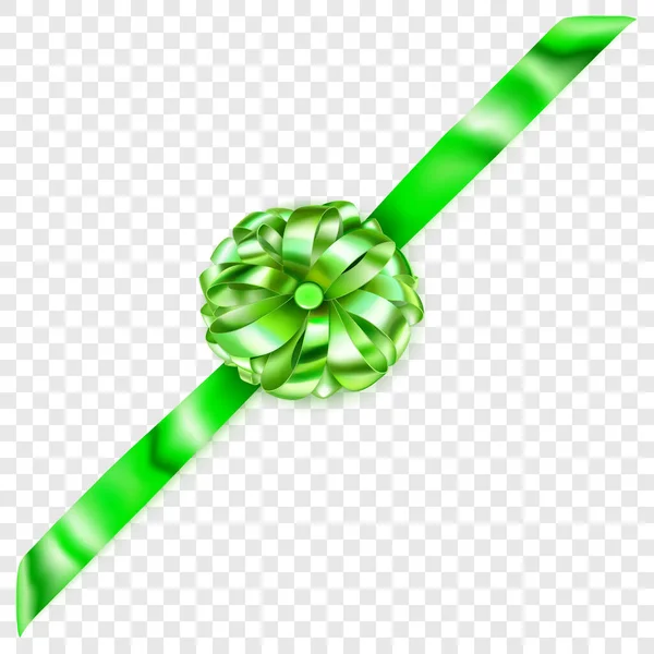 透明感のある背景に影のある斜めのリボンの美しい緑の光沢のある弓 — ストックベクタ