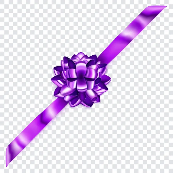 Beautiful Purple Shiny Bow Diagonally Ribbon Shadow Transparent Background — Stock Vector