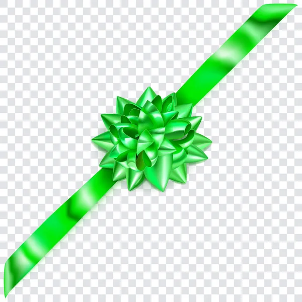 Beautiful Green Shiny Bow Diagonally Ribbon Shadow Transparent Background — Stock Vector