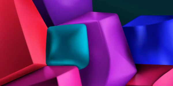 滑らかなエッジを持つ色の3Dキューブや他の形状の山の抽象的な背景 — ストックベクタ