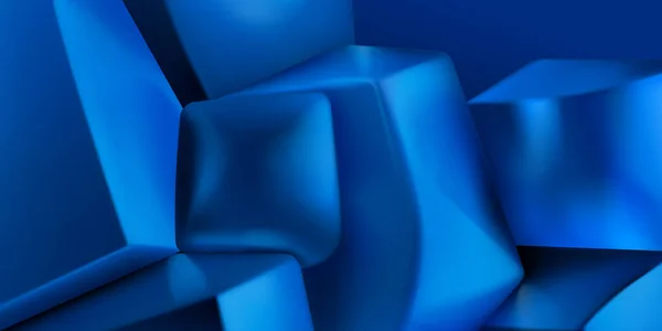 青い色の色合いで 滑らかなエッジを持つ3Dキューブや他の形状の山の抽象的な背景 — ストックベクタ