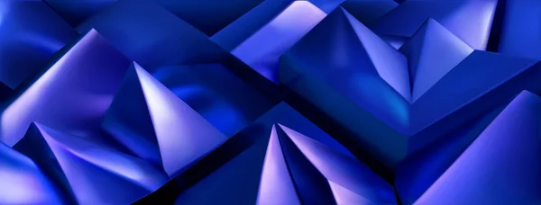 鋭い角と滑らかなエッジを持つ3Dピラミッドや他の形状の山の抽象的な背景 青の色の色合いで — ストックベクタ