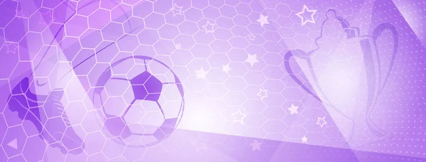 大きなサッカーボールや紫の色の他のスポーツシンボルを持つ抽象サッカーの背景 — ストックベクタ