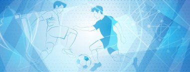 Futbol oyuncularının topa vurduğu soyut bir arka plan ve açık mavi renkli diğer spor sembolleri