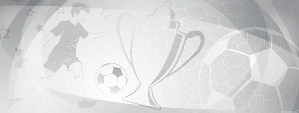 サッカー選手がボールやその他のスポーツシンボルを灰色で蹴っている抽象的なサッカーの背景 — ストックベクタ