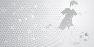 Bir futbolcunun topa vurduğu ve diğer spor sembollerinin gri renkli olduğu soyut futbol arkaplanı