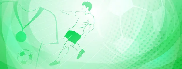 サッカー選手がボールやその他のスポーツシンボルを緑色で蹴っている抽象的なサッカーの背景 — ストックベクタ