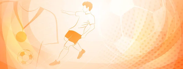 サッカー選手がボールやその他のスポーツシンボルを黄色で蹴っているアブストラクトサッカーの背景 — ストックベクタ