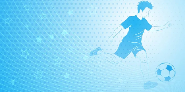 サッカー選手がボールやその他のスポーツシンボルをライトブルーで蹴っているアブストラクトサッカーの背景 — ストックベクタ