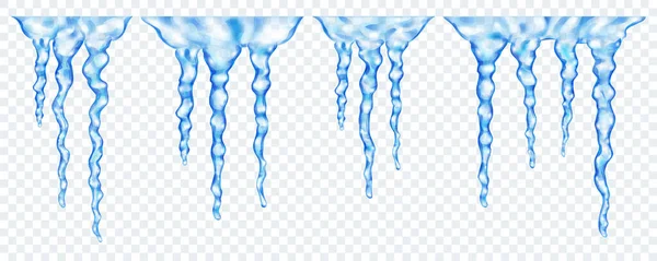 一组半透明的蓝色现实的不同长度的冰柱 在顶部相连 在透明的背景下隔离 只有矢量格式的透明度 — 图库矢量图片