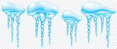 Şeffaf arkaplanda izole edilmiş saydam açık mavi gerçekçi buz saçakları olan kar yığınları. Sadece vektör biçiminde şeffaflık