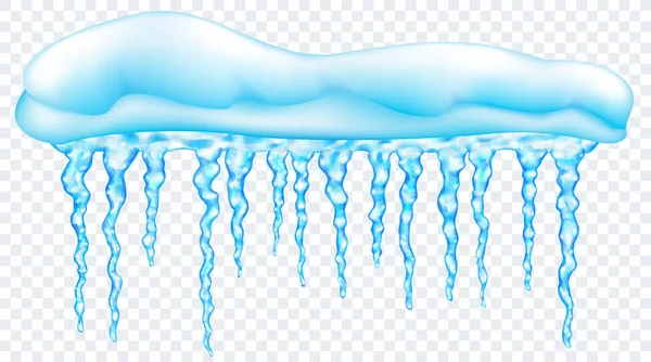 大雪漂移与半透明的浅蓝色现实的不同长度的冰柱 隔离在透明的背景 只有矢量格式的透明度 — 图库矢量图片