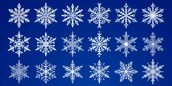 Conjunto Hermosos Copos Nieve Navidad Complejos Blanco Sobre Fondo Azul — Archivo Imágenes Vectoriales