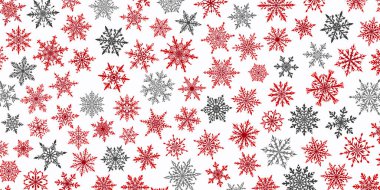 Kırmızı, gri ve beyaz renkli güzel kar tanelerinin Noel arkaplanı. Yağan karlı kış illüstrasyonu