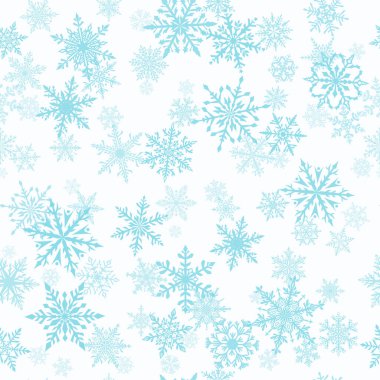 Açık mavi ve beyaz renklerde güzel, karmaşık kar tanelerinin kusursuz Noel deseni. Kar yağan kış arkaplanı
