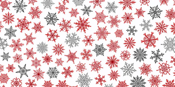圣诞节的背景是美丽而复杂的雪花 有红色 灰色和白色三种颜色 下雪天的冬季图解 — 图库矢量图片