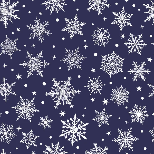 濃い青と白の色で美しい複雑な雪片のクリスマスシームレスなパターン 雪の降る冬の背景 — ストックベクタ