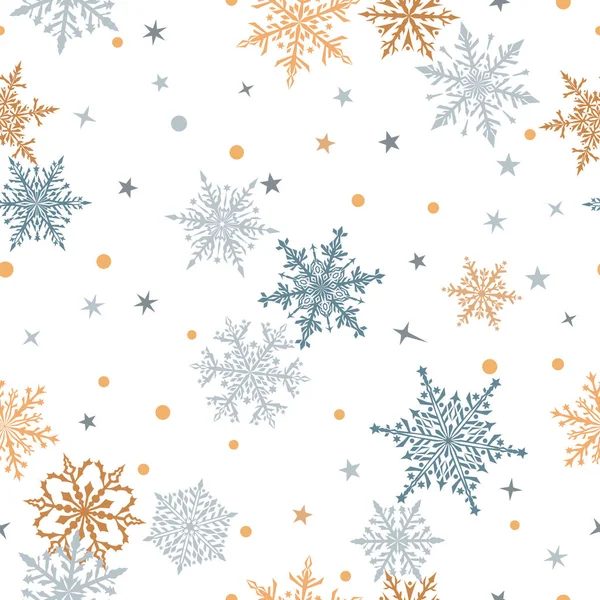 Рождественский Бесшовный Узор Красивых Сложных Снежинок Серых Желтых Белых Цветах — стоковый вектор