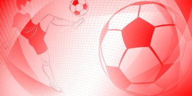 Futbol arka planında topa vuran bir futbolcu ve diğer spor sembolleri kırmızı renklerde.