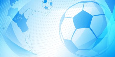 Futbol arka planında topa vuran bir futbolcu ve diğer spor sembolleri mavi renklerde.