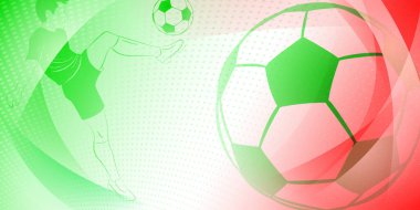 Futbol arka planında topa vuran bir futbolcu ve İtalya veya Meksika 'nın ulusal renklerinde diğer spor sembolleri var.