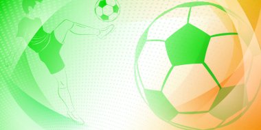 Futbol arka planında topa vuran bir futbolcu ve İrlanda 'nın ulusal renklerinde diğer spor sembolleri