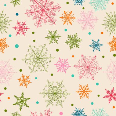 Bej arka planda güzel, kompleks, renkli kar tanelerinin kusursuz Noel deseni. Yağan karlı kış illüstrasyonu