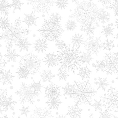 Beyaz arka planda güzel, gri kar tanelerinin kusursuz Noel deseni. Yağan karlı kış illüstrasyonu