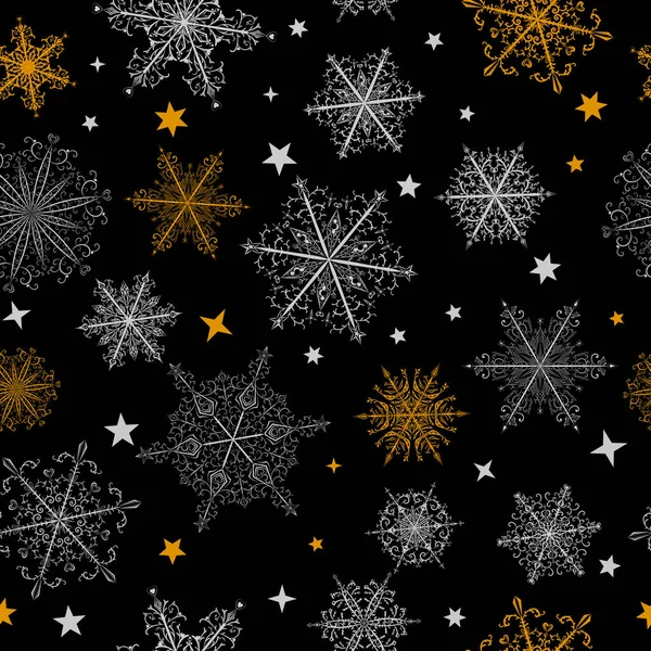 Рождественский Бесшовный Узор Красивых Сложных Белых Желтых Снежинок Черном Фоне — стоковый вектор