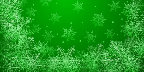 Fondo Navidad Hermosos Copos Nieve Complejos Colores Verdes Ilustración Invierno — Vector de stock